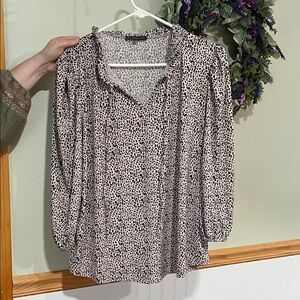 Adrianna Papell Blush Pink & Black Dotted V-Neck Blouse